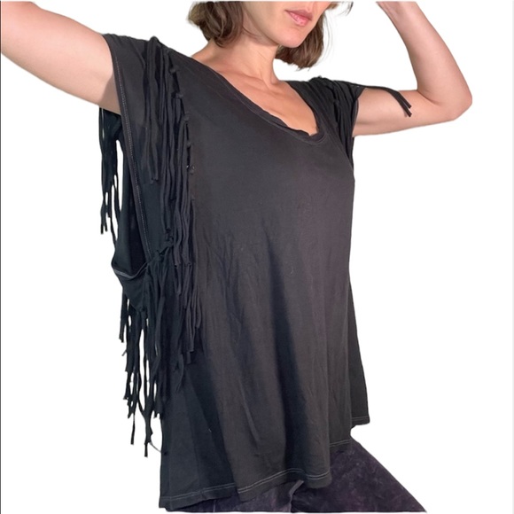 Free People Off Black Fringe Slouchy Soft Stretchy Tee Tunic - Picture 4 of 16